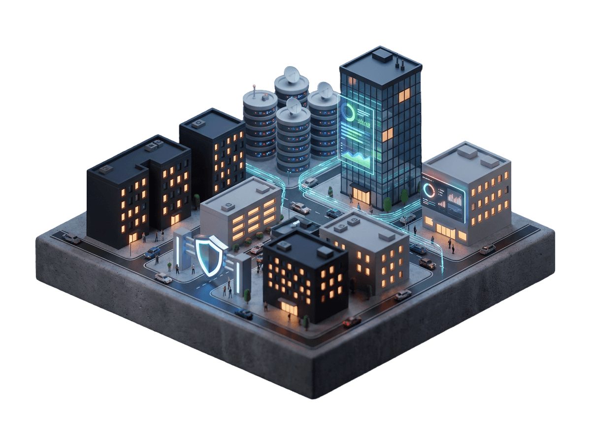 Render isometrico di una città con data center, dashboard e scudo di sicurezza